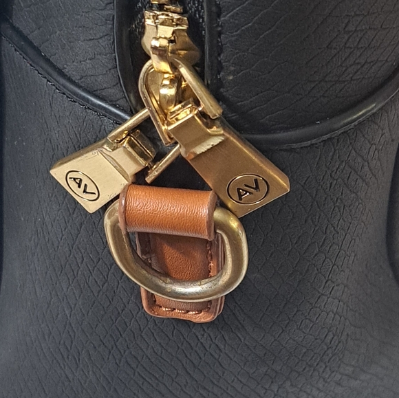 Adrienne Vittadini | Large Black/Brown Faux Leather Dome Satchel Crossbody Bag - Picture 12 of 16